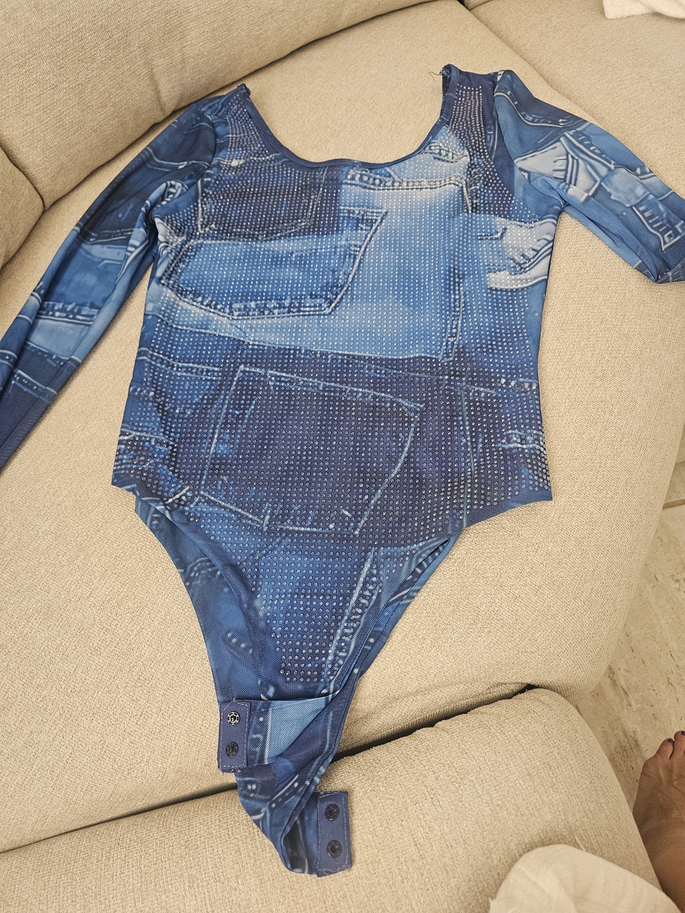 Denim Graphic Blue Long-Sleeve One-Piece Bodysuit